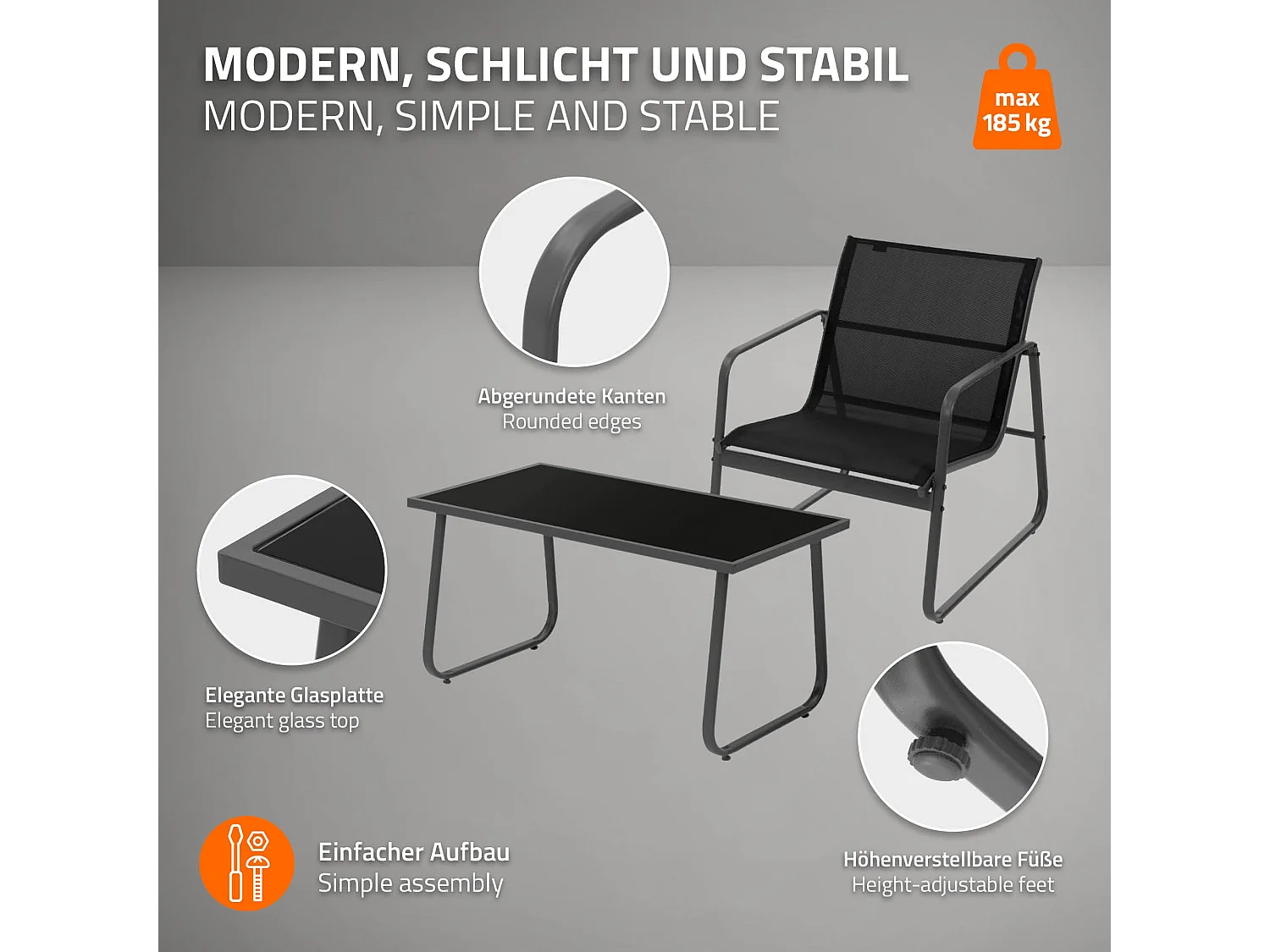 4 Piezas de mueble de jardín acero y textilene negro sillones y mesa de cristal