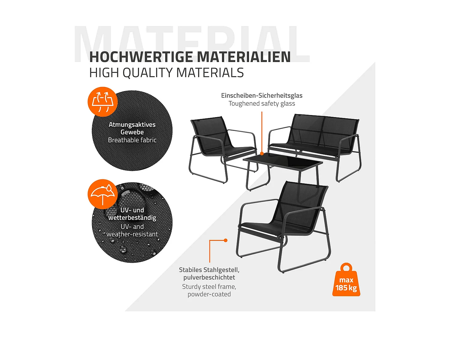4 Piezas de mueble de jardín acero y textilene negro sillones y mesa de cristal