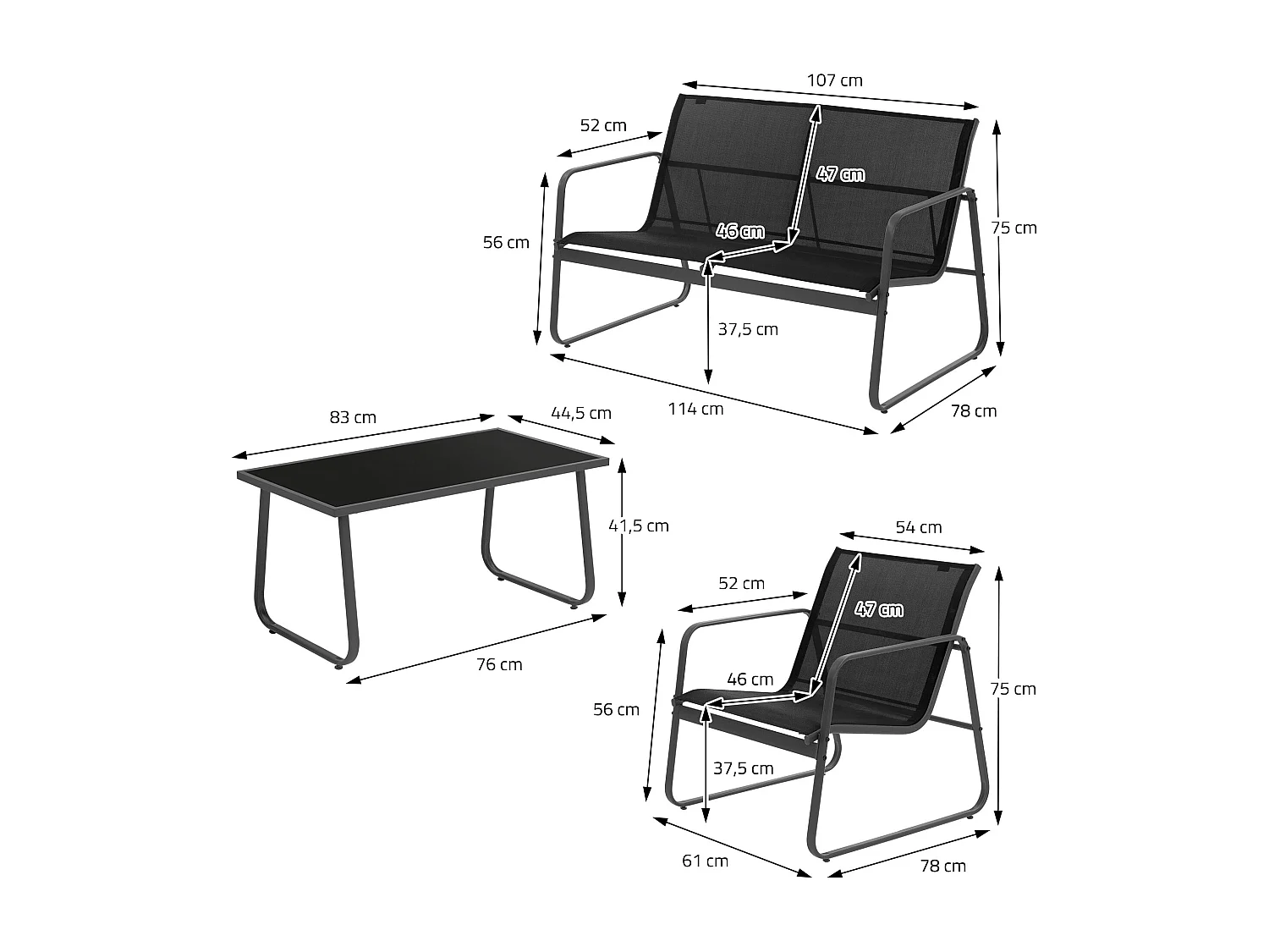 4 Piezas de mueble de jardín acero y textilene negro sillones y mesa de cristal