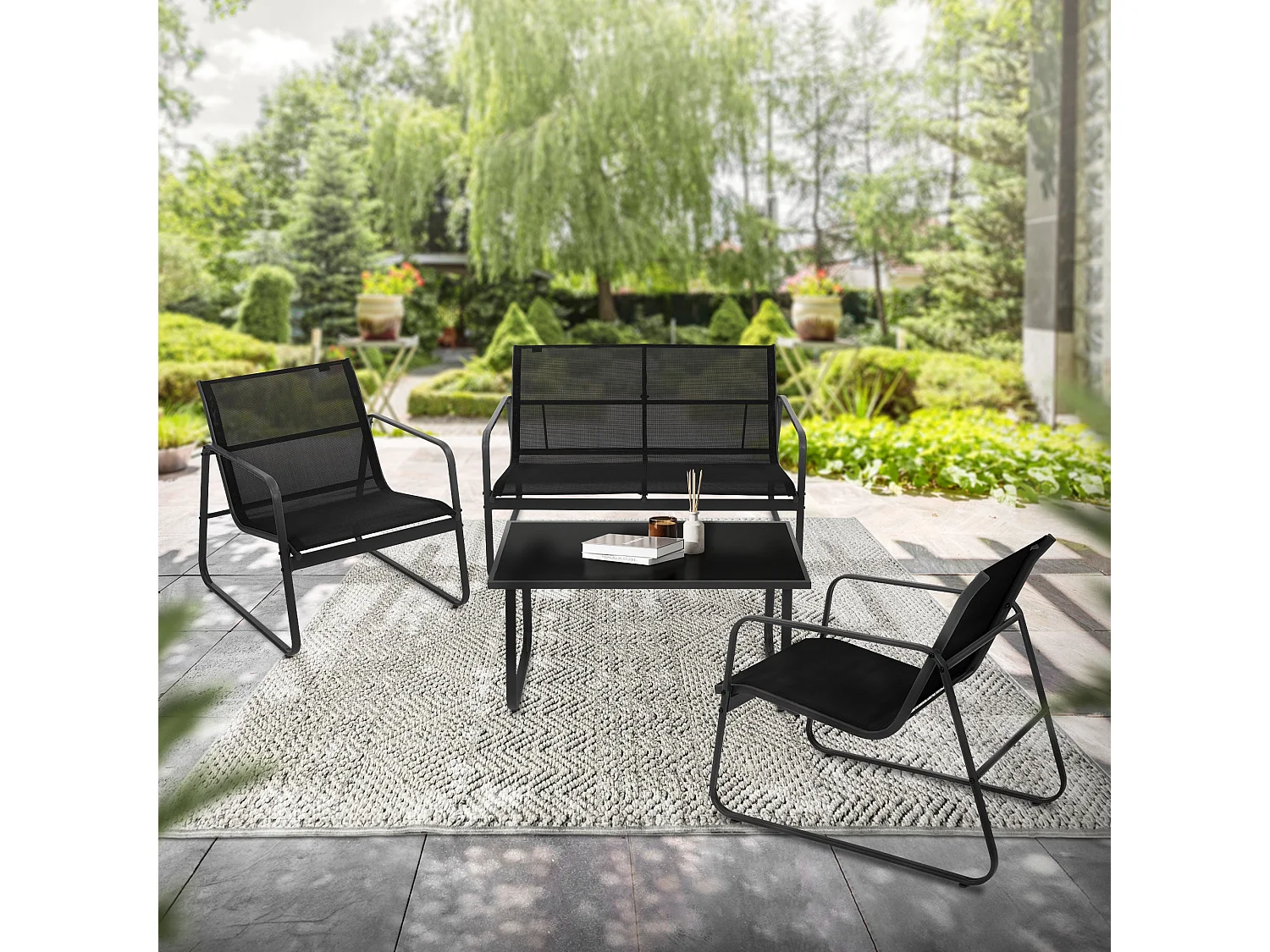 4 Piezas de mueble de jardín acero y textilene negro sillones y mesa de cristal