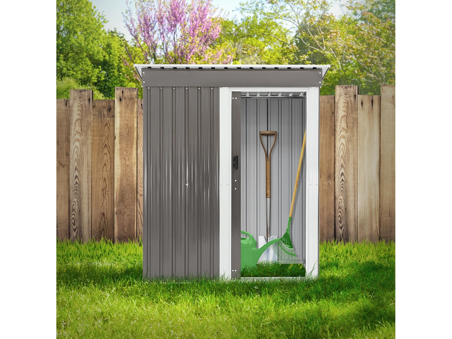 Caseta metálica de jardín exterior suelo cobertizo gris claro para herramientas