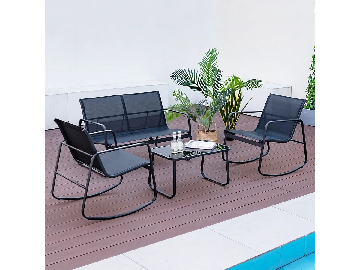 Salon de Jardin 4 Pièces avec Chaises à Bascule Table en Verre et Causeuse, Ensemble de Meuble Extérieur Cadre Métallique Charge 150KG, pour Porche Bord de Piscine Balcon, Noir