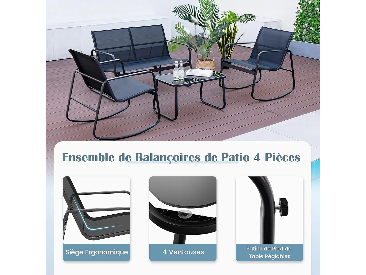 Salon de Jardin 4 Pièces avec Chaises à Bascule Table en Verre et Causeuse, Ensemble de Meuble Extérieur Cadre Métallique Charge 150KG, pour Porche Bord de Piscine Balcon, Noir