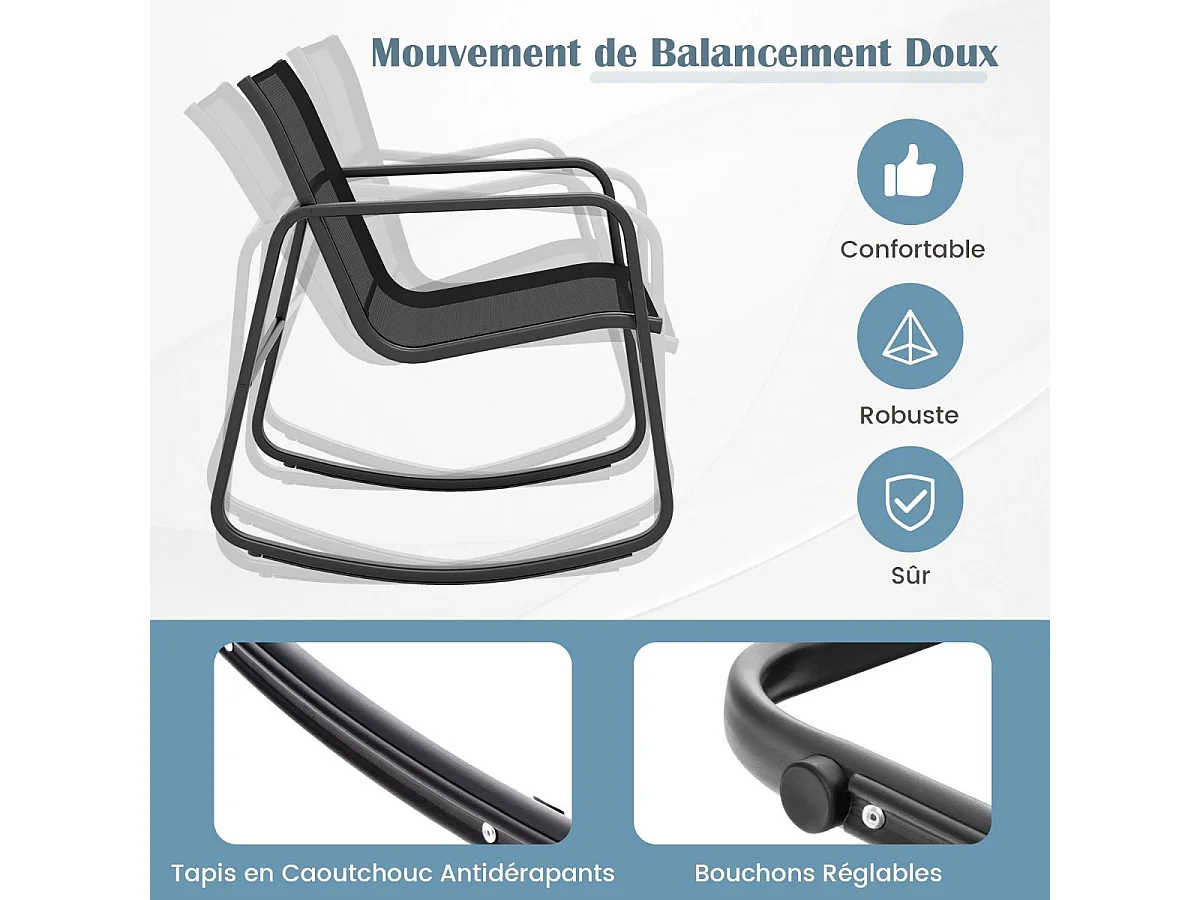 Salon de Jardin 4 Pièces avec Chaises à Bascule Table en Verre et Causeuse, Ensemble de Meuble Extérieur Cadre Métallique Charge 150KG, pour Porche Bord de Piscine Balcon, Noir