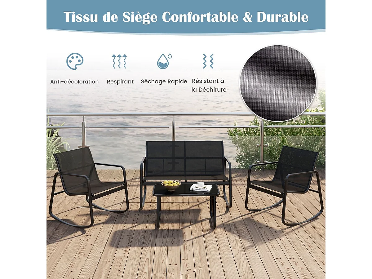 Salon de Jardin 4 Pièces avec Chaises à Bascule Table en Verre et Causeuse, Ensemble de Meuble Extérieur Cadre Métallique Charge 150KG, pour Porche Bord de Piscine Balcon, Noir