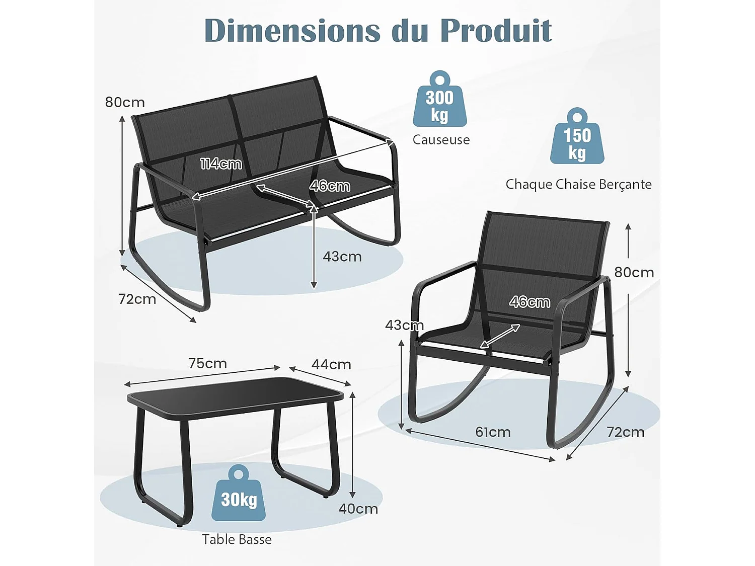 Salon de Jardin 4 Pièces avec Chaises à Bascule Table en Verre et Causeuse, Ensemble de Meuble Extérieur Cadre Métallique Charge 150KG, pour Porche Bord de Piscine Balcon, Noir