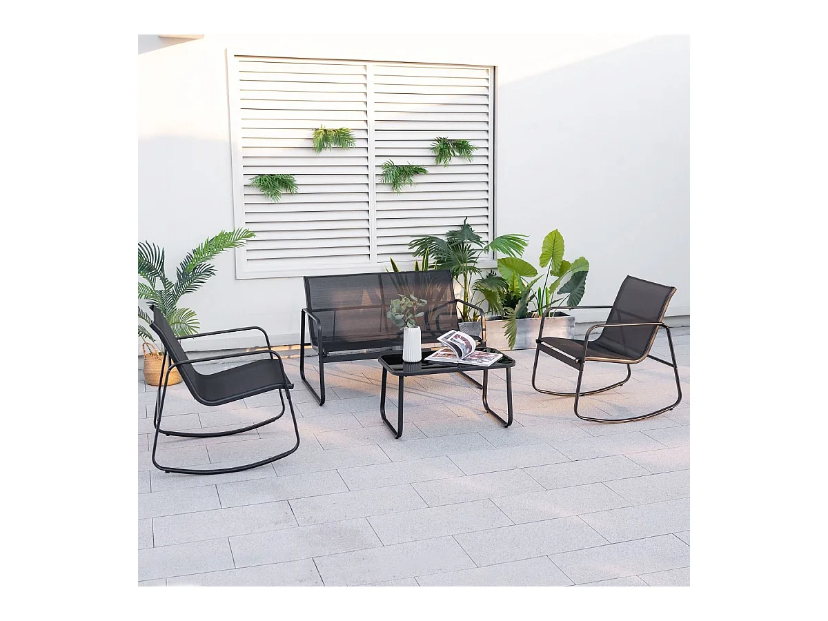 Salon de Jardin 4 Pièces avec Chaises à Bascule Table en Verre et Causeuse, Ensemble de Meuble Extérieur Cadre Métallique Charge 150KG, pour Porche Bord de Piscine Balcon, Noir