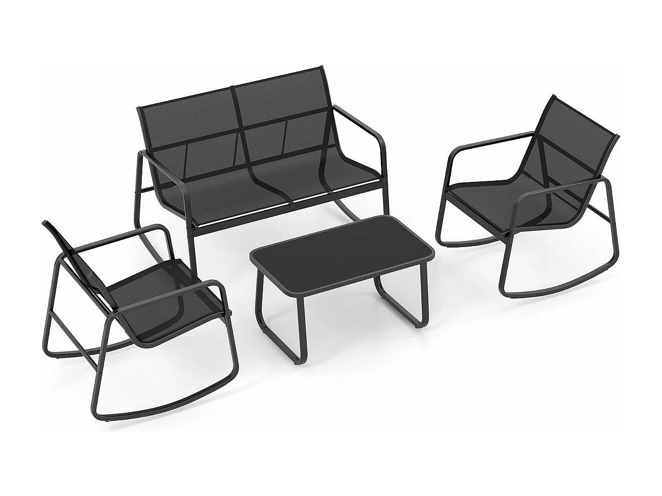 Salon de Jardin 4 Pièces avec Chaises à Bascule Table en Verre et Causeuse, Ensemble de Meuble Extérieur Cadre Métallique Charge 150KG, pour Porche Bord de Piscine Balcon, Noir