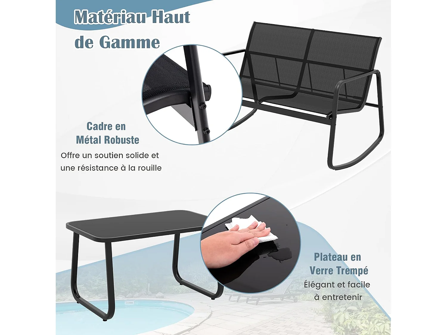 Salon de Jardin 4 Pièces avec Chaises à Bascule Table en Verre et Causeuse, Ensemble de Meuble Extérieur Cadre Métallique Charge 150KG, pour Porche Bord de Piscine Balcon, Noir