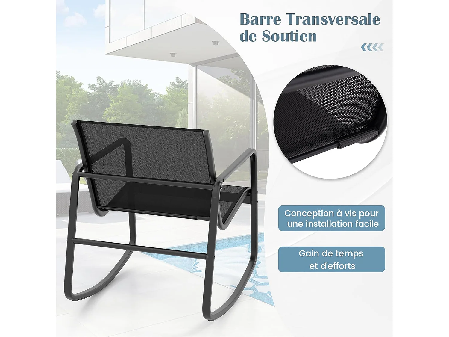 Salon de Jardin 4 Pièces avec Chaises à Bascule Table en Verre et Causeuse, Ensemble de Meuble Extérieur Cadre Métallique Charge 150KG, pour Porche Bord de Piscine Balcon, Noir
