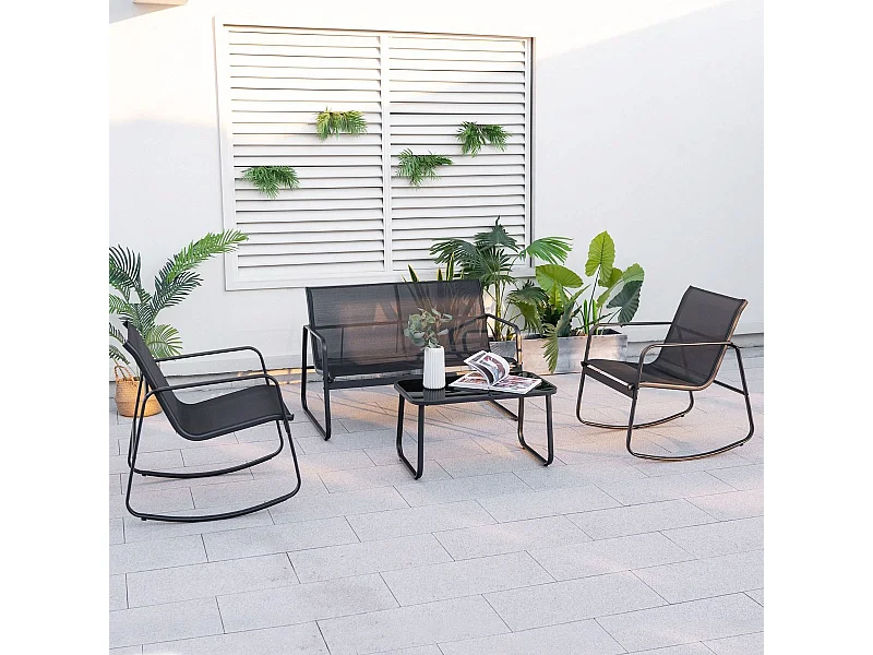 Salon de Jardin 4 Pièces avec Chaises à Bascule Table en Verre et Causeuse, Ensemble de Meuble Extérieur Cadre Métallique Charge 150KG, pour Porche Bord de Piscine Balcon, Noir