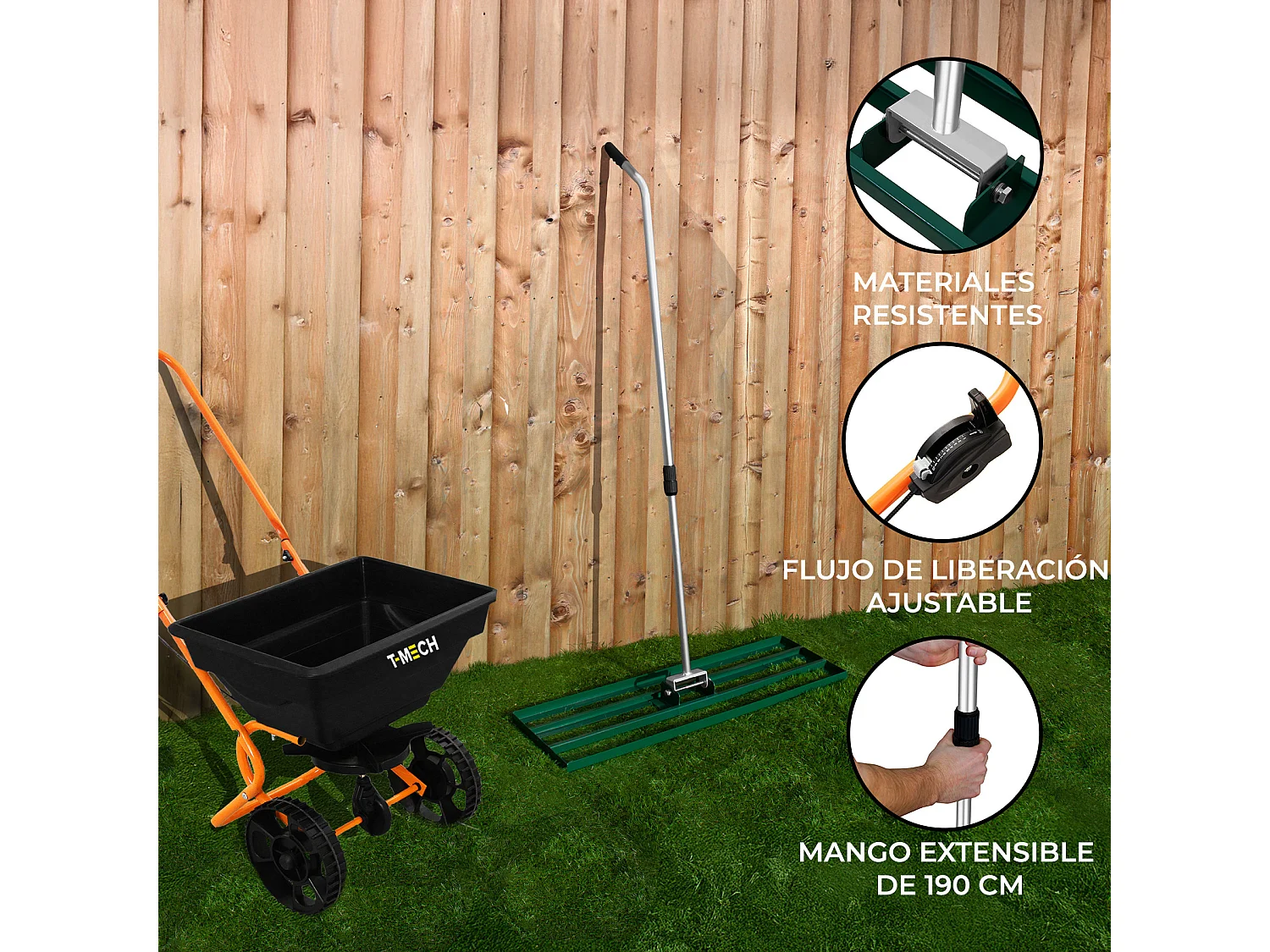 T-Mech Rasennivellierer und Rotationsstreuer 100cm – Grün