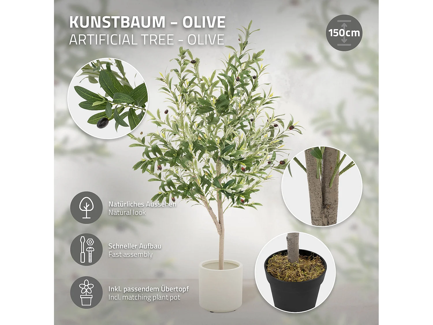 Olivier artificiel Plantes artificielles Arbre artificiel en pot 150 cm