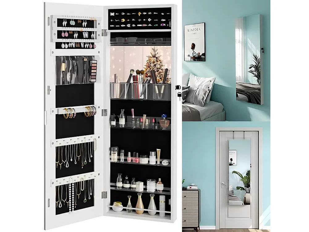 Armoire à Bijoux Murale avec Miroir, Divers Compartiments, Verrouillable, Installable sur Mur ou Porte, 38x10x109cm