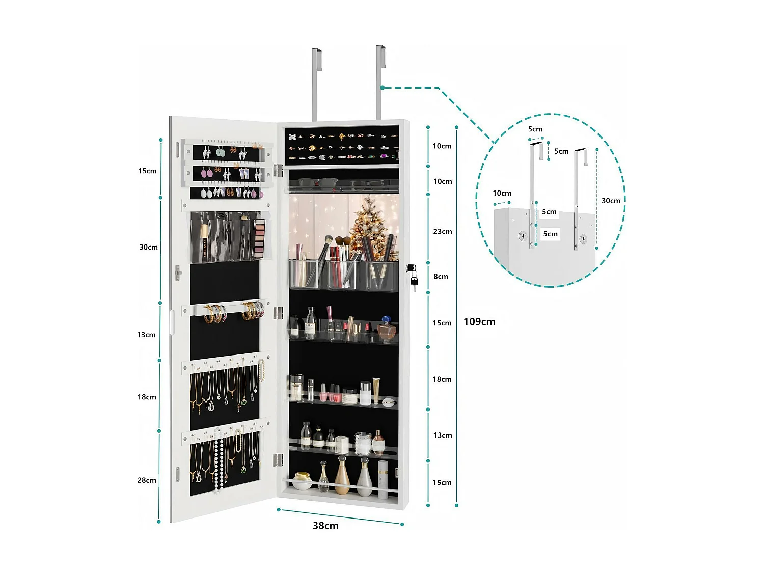 Armoire à Bijoux Murale avec Miroir, Divers Compartiments, Verrouillable, Installable sur Mur ou Porte, 38x10x109cm
