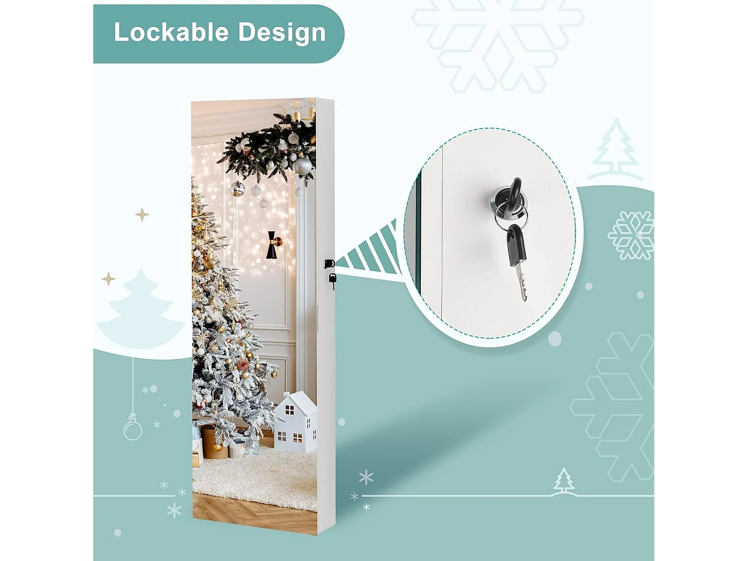 Armoire à Bijoux Murale avec Miroir, Divers Compartiments, Verrouillable, Installable sur Mur ou Porte, 38x10x109cm