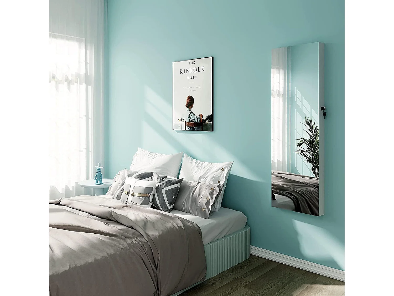 Armoire à Bijoux Murale avec Miroir, Divers Compartiments, Verrouillable, Installable sur Mur ou Porte, 38x10x109cm