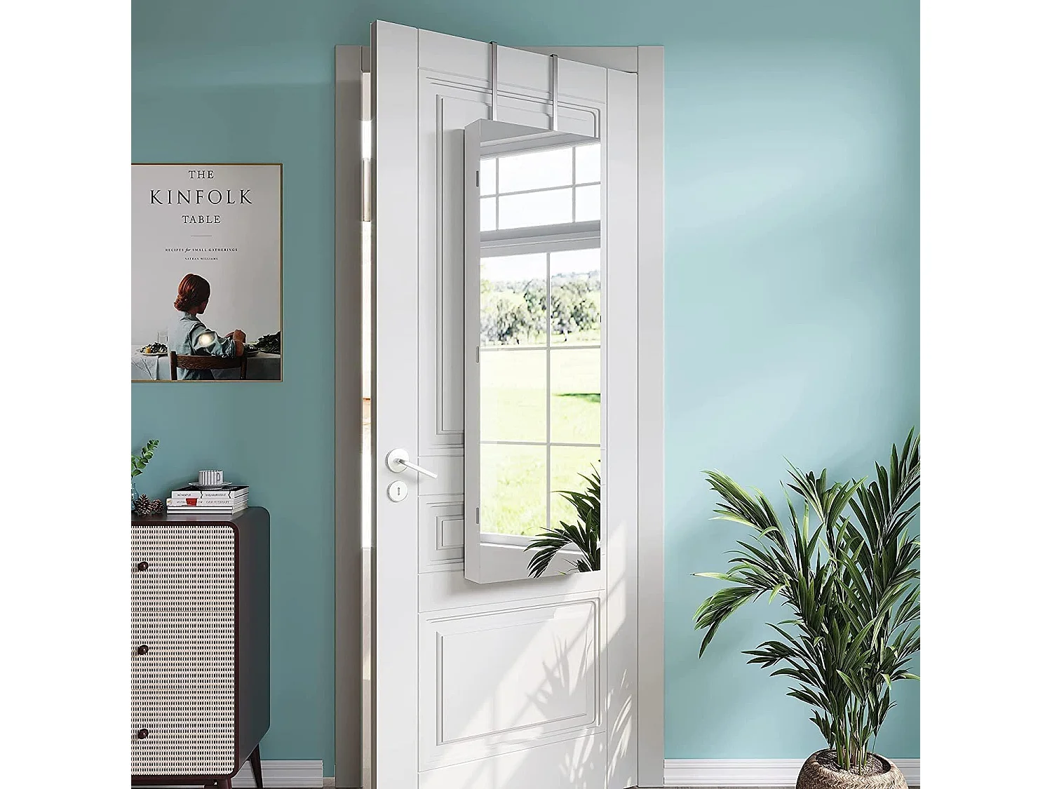 Armoire à Bijoux Murale avec Miroir, Divers Compartiments, Verrouillable, Installable sur Mur ou Porte, 38x10x109cm