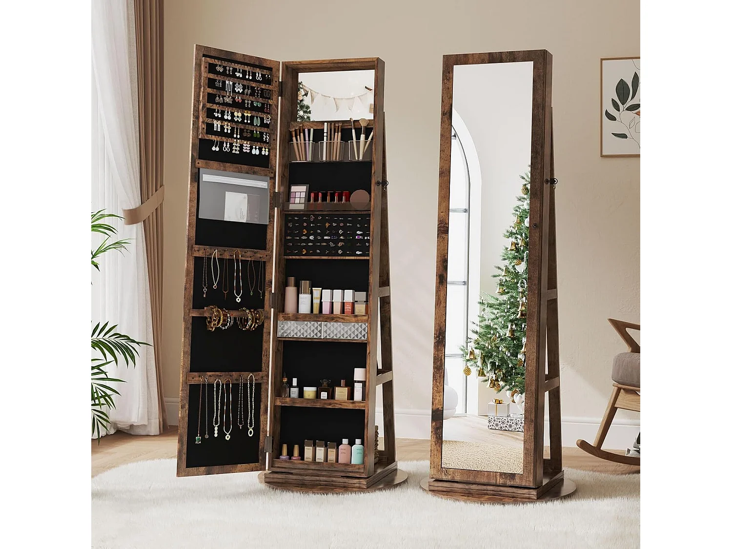 Draaibare sieradenkast, met grote spiegel en met sleutels, 55x55x160cm