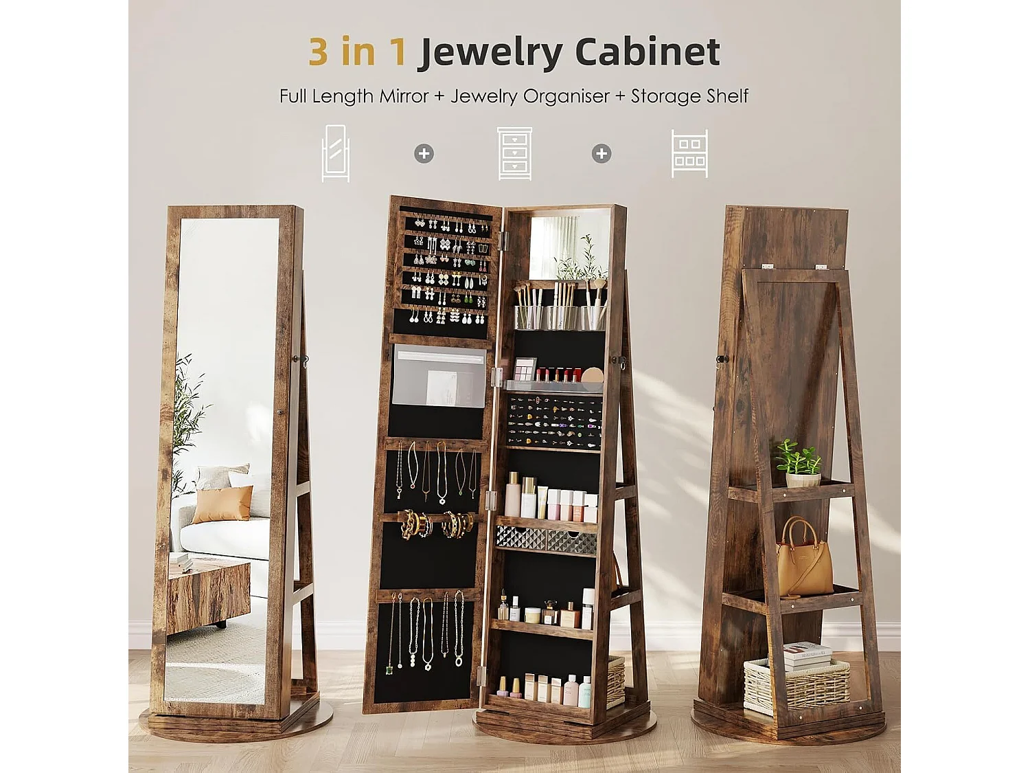 Draaibare sieradenkast, met grote spiegel en met sleutels, 55x55x160cm