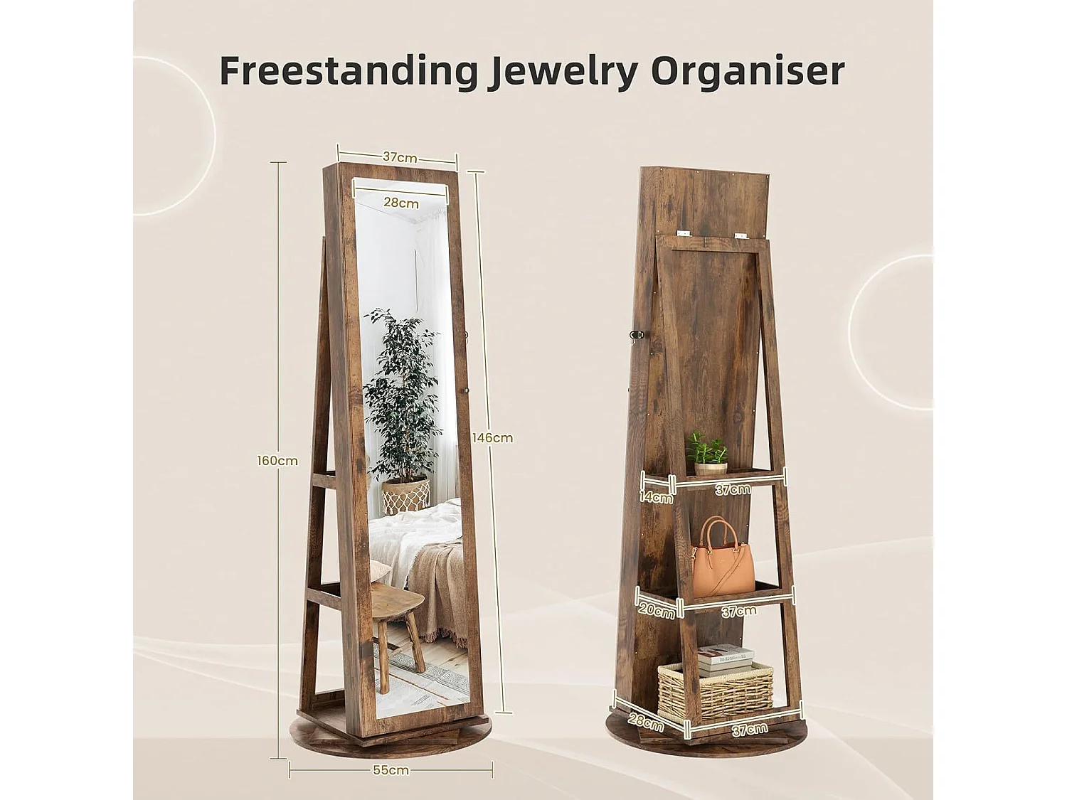 Draaibare sieradenkast, met grote spiegel en met sleutels, 55x55x160cm