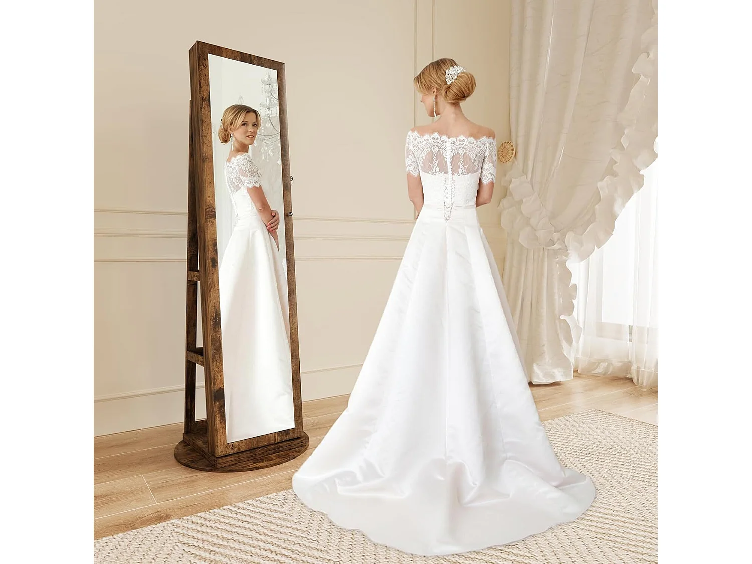 Draaibare sieradenkast, met grote spiegel en met sleutels, 55x55x160cm