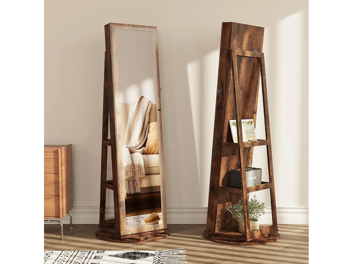 Draaibare sieradenkast, met grote spiegel en met sleutels, 55x55x160cm