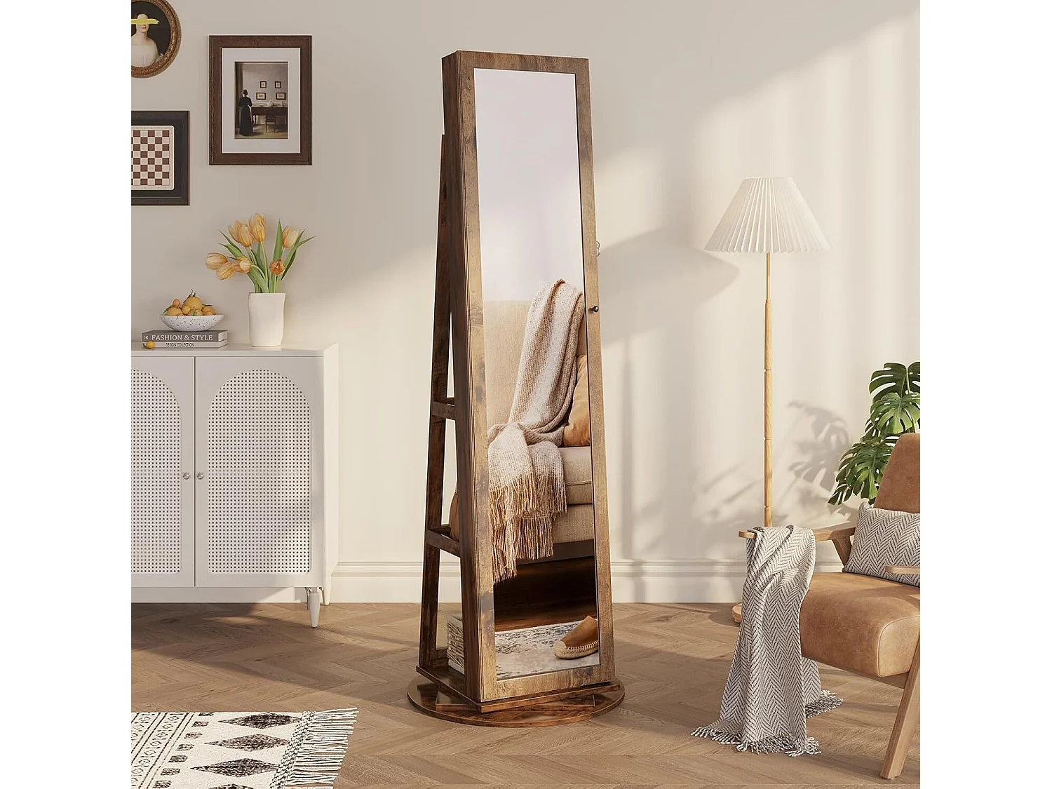 Draaibare sieradenkast, met grote spiegel en met sleutels, 55x55x160cm