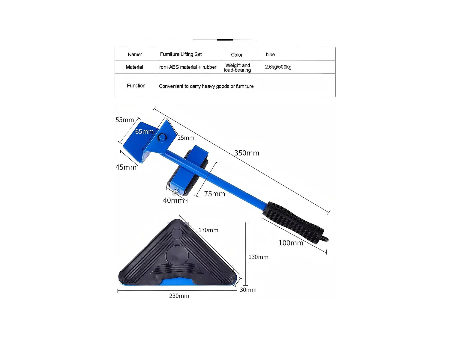 Set di trasporto di mobili, mobili mobili, piastra mobile di sollevamento, con ruote mobili da 4 pezzi, carico massimo 500 kg, blu