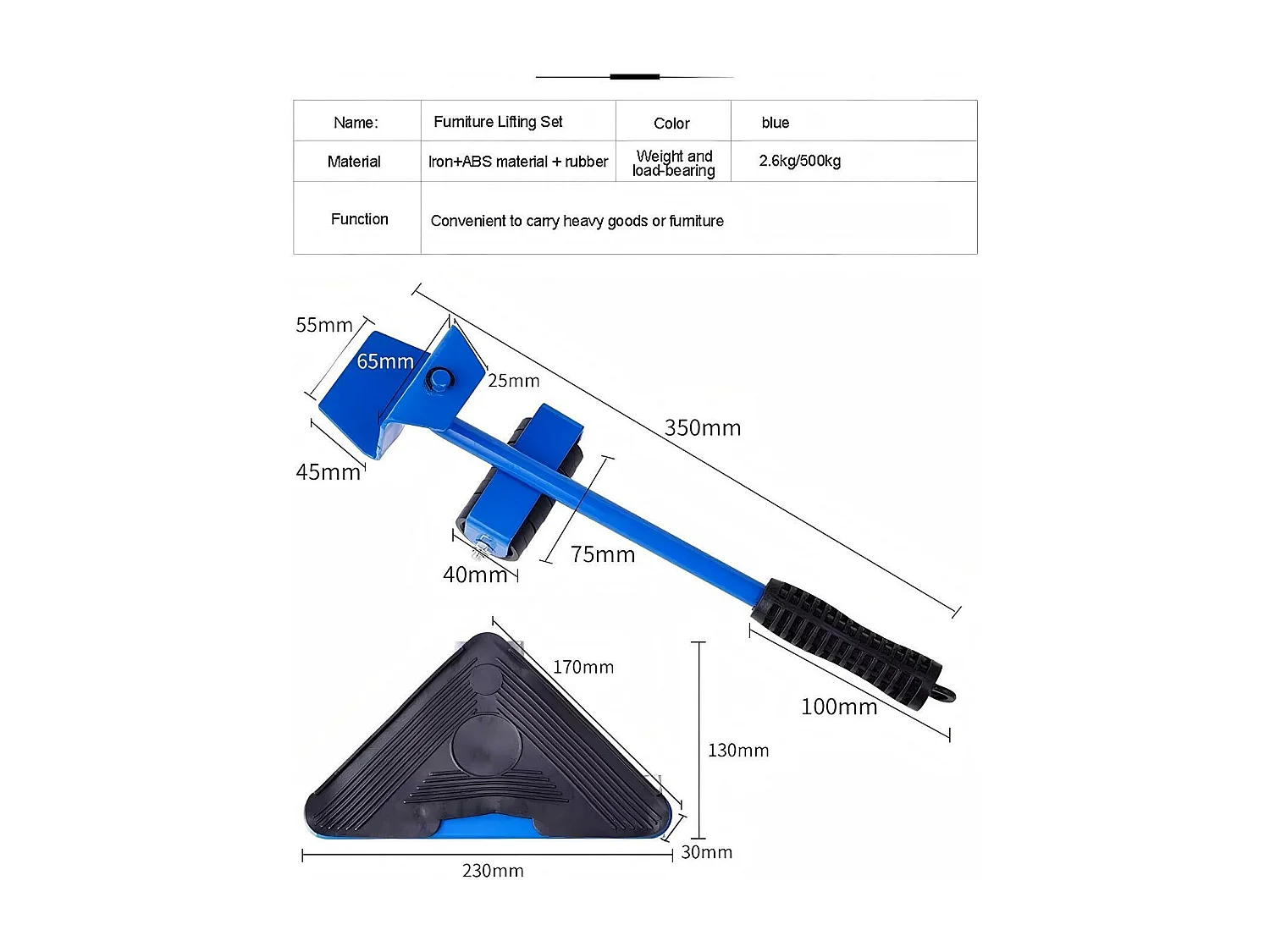 Conjunto de transporte de móveis, motor de móveis, levantamento de placas móveis, com rodas de móveis 4pcs, carga máxima 500 kg, azul