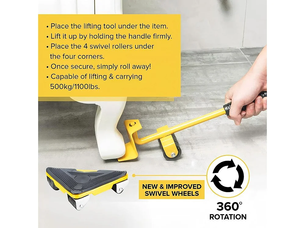 Set di trasporto di mobili, mobili mobili, piastra mobile di sollevamento, con ruote mobili da 4 pezzi, carico massimo 500 kg, giallo