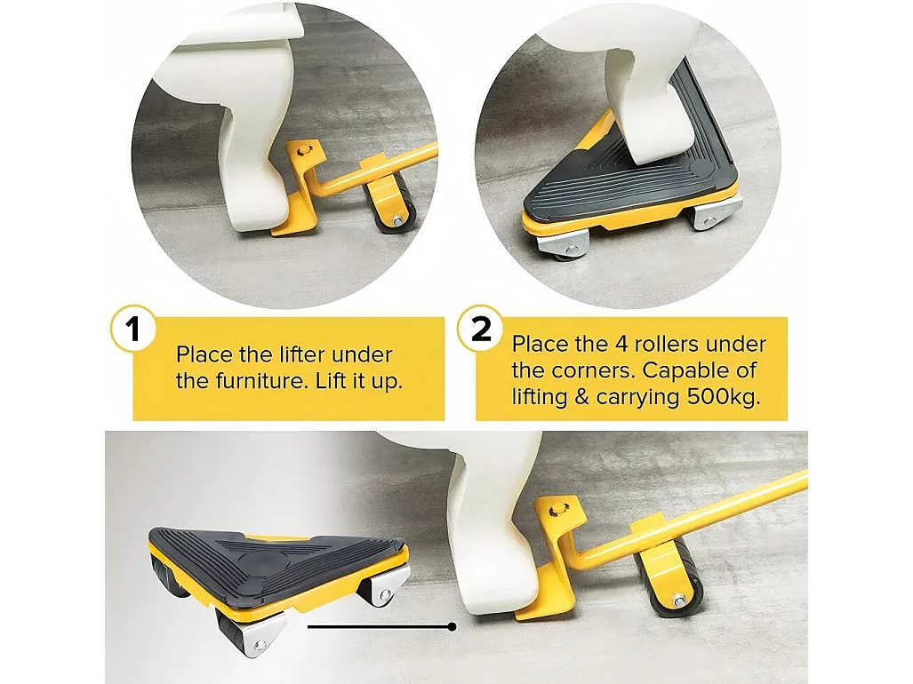 Set di trasporto di mobili, mobili mobili, piastra mobile di sollevamento, con ruote mobili da 4 pezzi, carico massimo 500 kg, giallo
