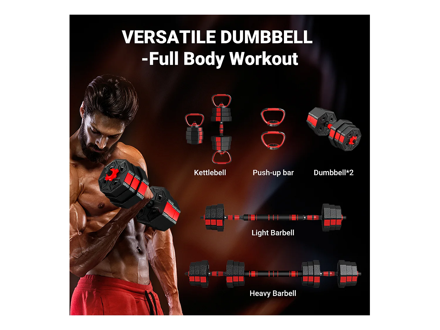 Kurzes oder langes Hantel -Set oder Kettlebell 3 in 1, 20 kg verstellbare Hantel, für die Fitness der Heim- und Bodybuilding