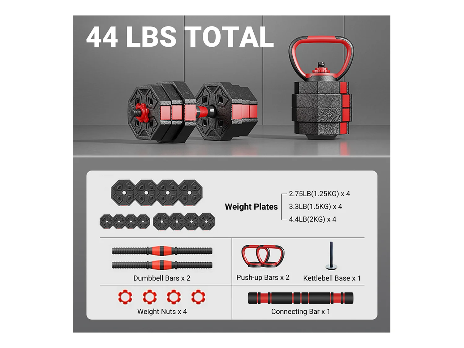Kurzes oder langes Hantel -Set oder Kettlebell 3 in 1, 20 kg verstellbare Hantel, für die Fitness der Heim- und Bodybuilding