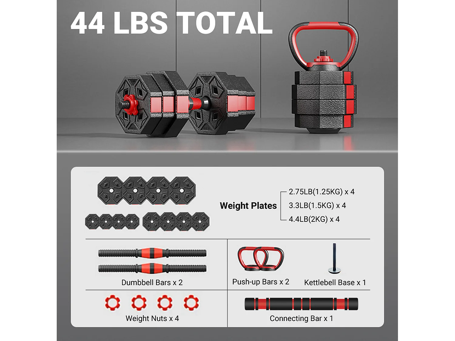 3 in 1 Dumbbell of Kettlebell Set, Verstelbare Dumbbell 20kg, Geschikt voor Home Fitness en Bodybuilding