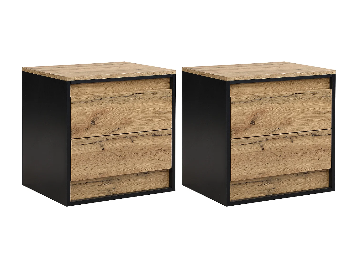 Set van 2 nachtkastjes met 2 lades - Met ledverlichting - Mdf - Kleur: naturel en zwart - RUKALO