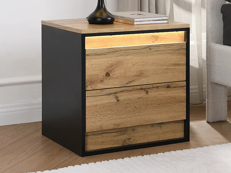 Lote de 2 mesitas de noche con 2 cajones - Con LEDs - MDF - Color: Natural y negro - RUKALO