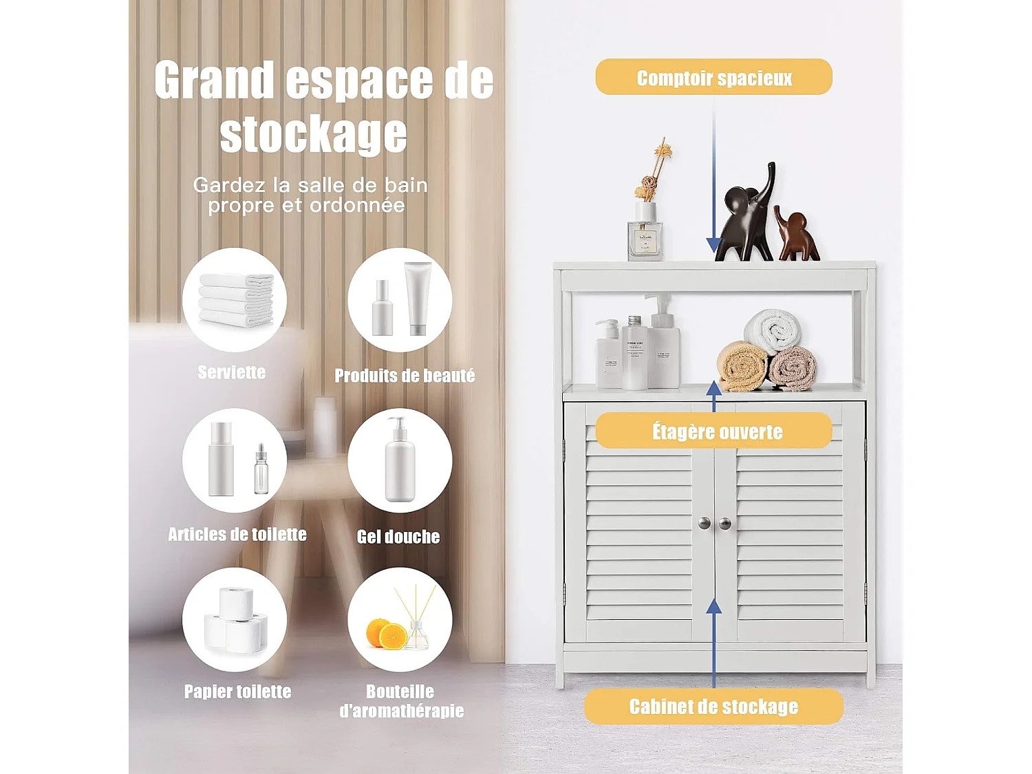 Meuble de salle de bain avec 2 portes à lamelles et etagères 60 x 30 x 80,5 cm