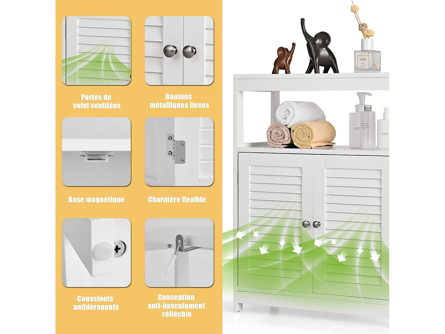 Meuble de salle de bain avec 2 portes à lamelles et etagères 60 x 30 x 80,5 cm