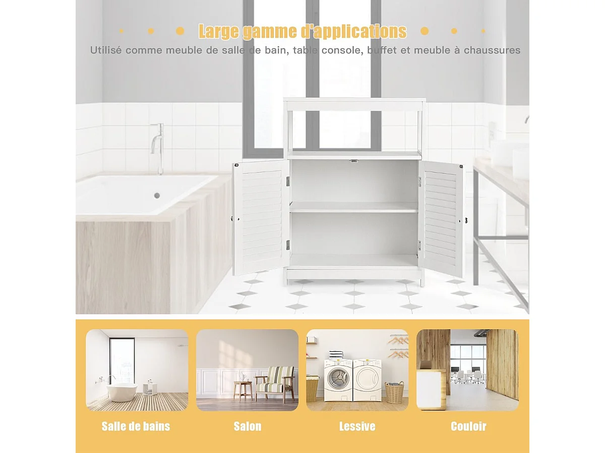 Meuble de salle de bain avec 2 portes à lamelles et etagères 60 x 30 x 80,5 cm