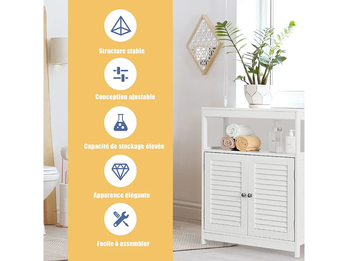 Meuble de salle de bain avec 2 portes à lamelles et etagères 60 x 30 x 80,5 cm