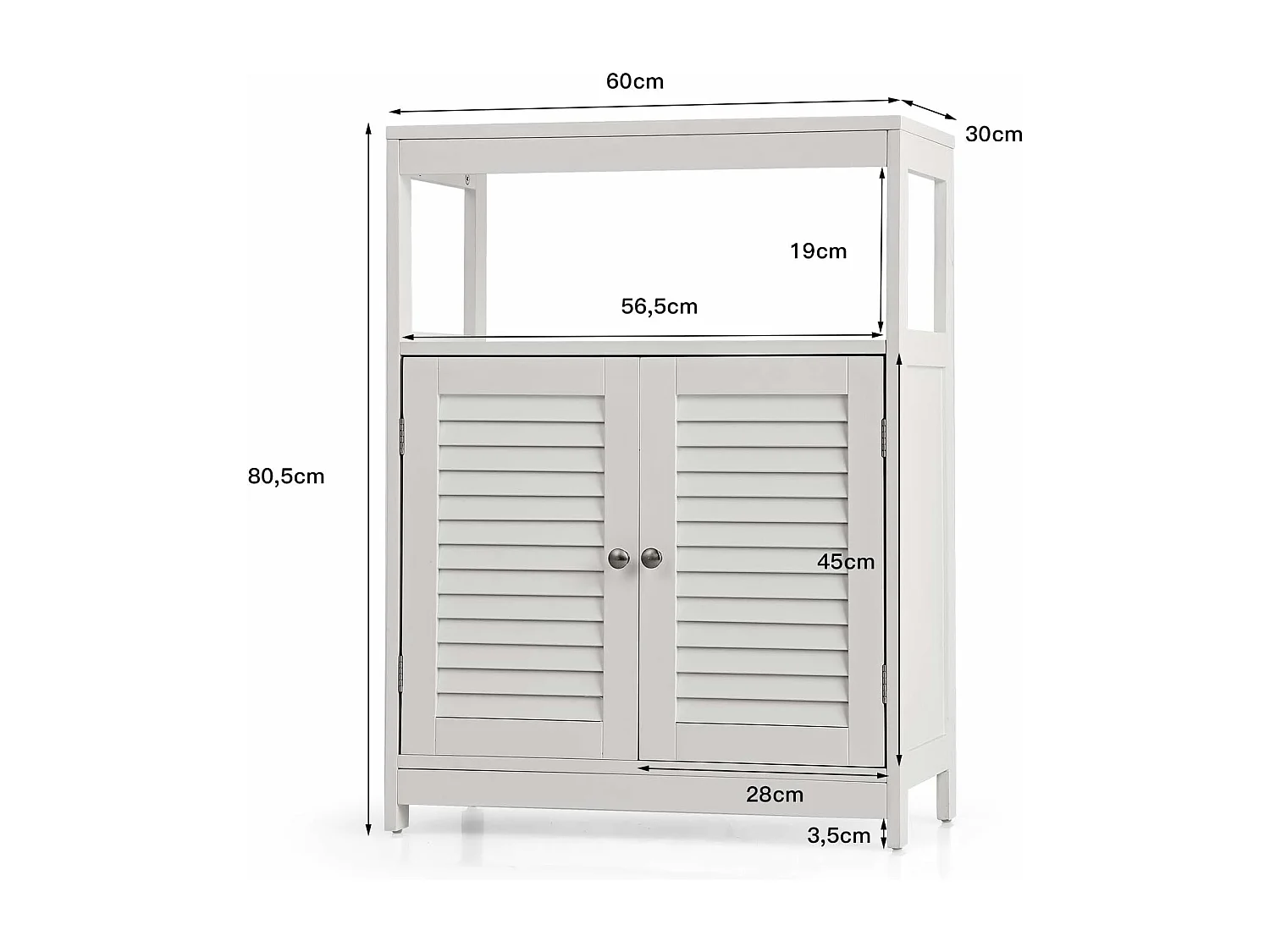 Meuble de salle de bain avec 2 portes à lamelles et etagères 60 x 30 x 80,5 cm