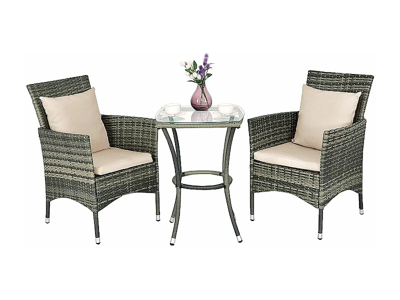Ensemble Salon de Jardin 1 Table et 2 Chaises Résie Tressée Cadre en Métal avec 2 Coussins et 2 Oreillers, Gris