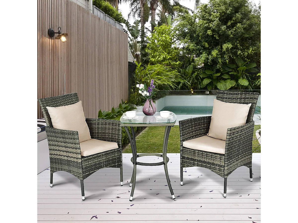 Ensemble Salon de Jardin 1 Table et 2 Chaises Résie Tressée Cadre en Métal avec 2 Coussins et 2 Oreillers, Gris