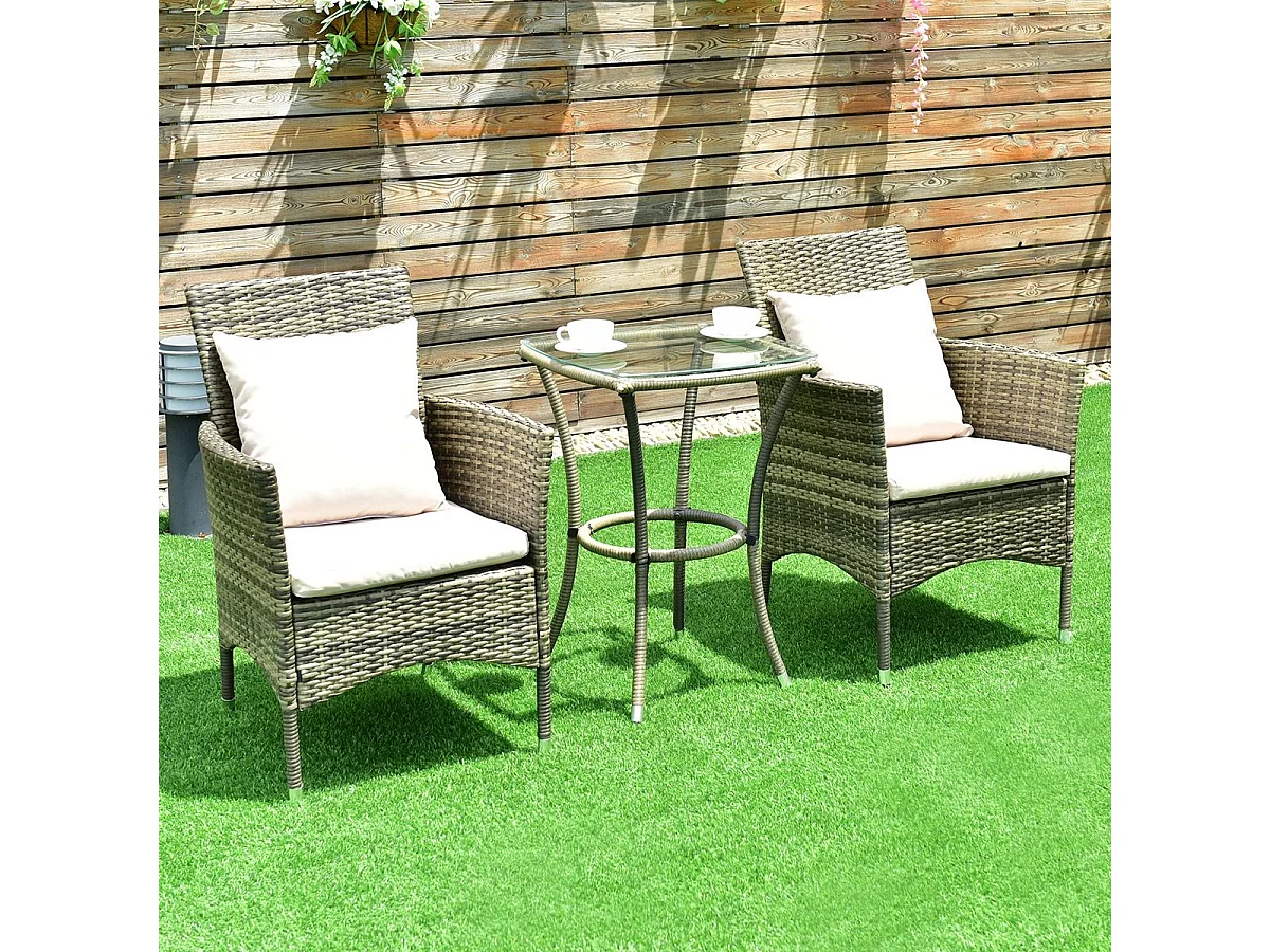 Ensemble Salon de Jardin 1 Table et 2 Chaises Résie Tressée Cadre en Métal avec 2 Coussins et 2 Oreillers, Gris