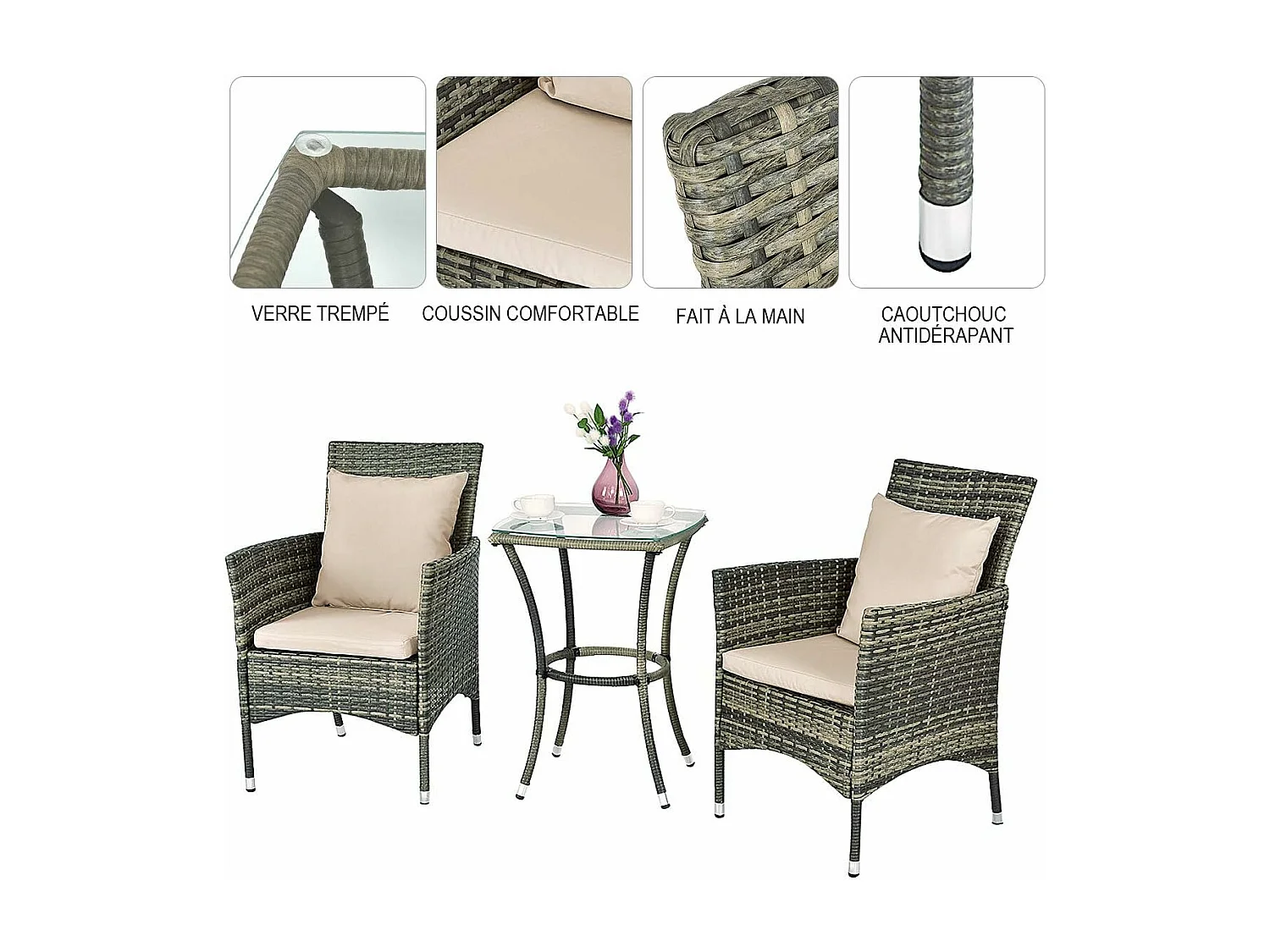 Ensemble Salon de Jardin 1 Table et 2 Chaises Résie Tressée Cadre en Métal avec 2 Coussins et 2 Oreillers, Gris