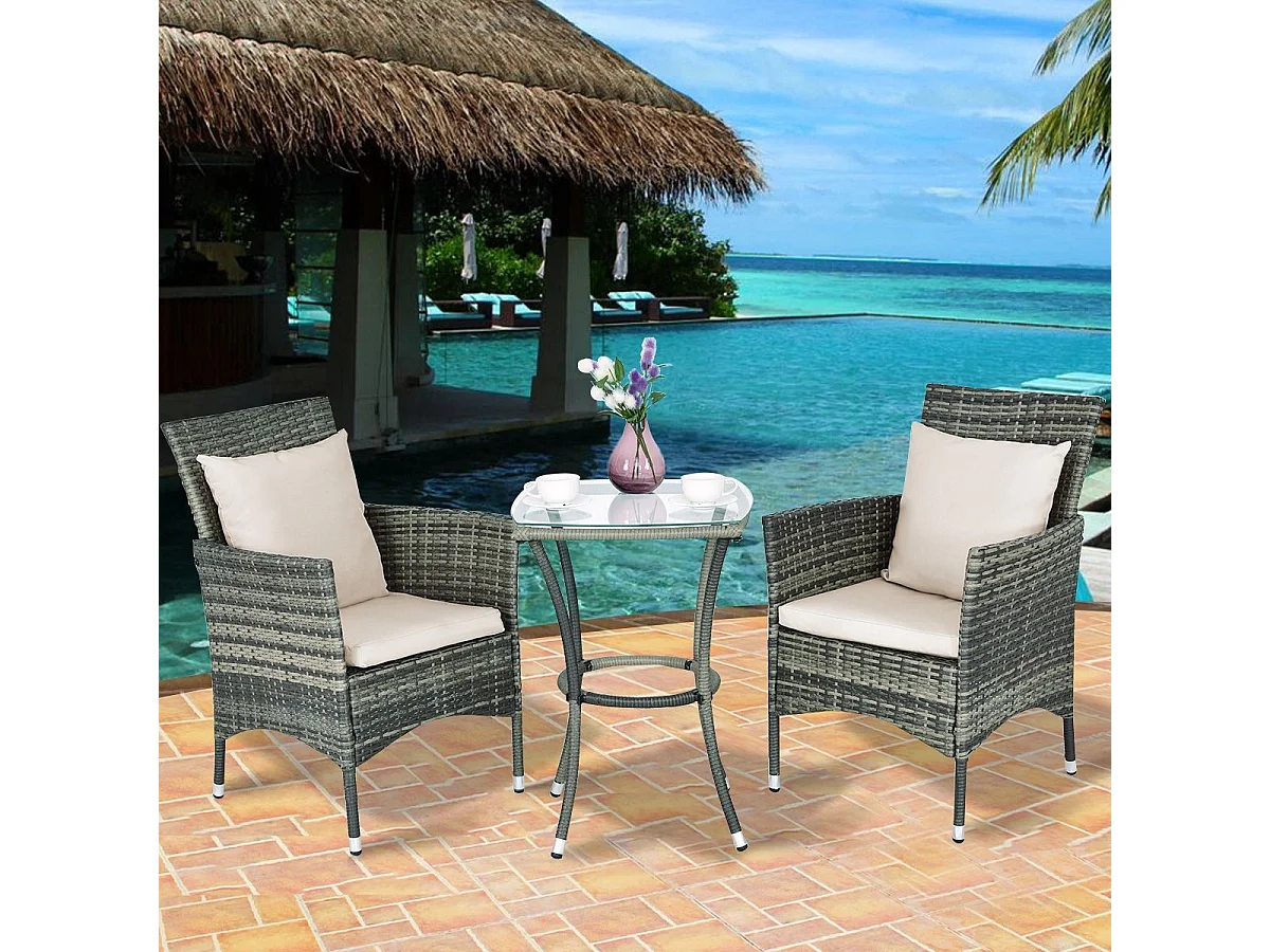 Ensemble Salon de Jardin 1 Table et 2 Chaises Résie Tressée Cadre en Métal avec 2 Coussins et 2 Oreillers, Gris