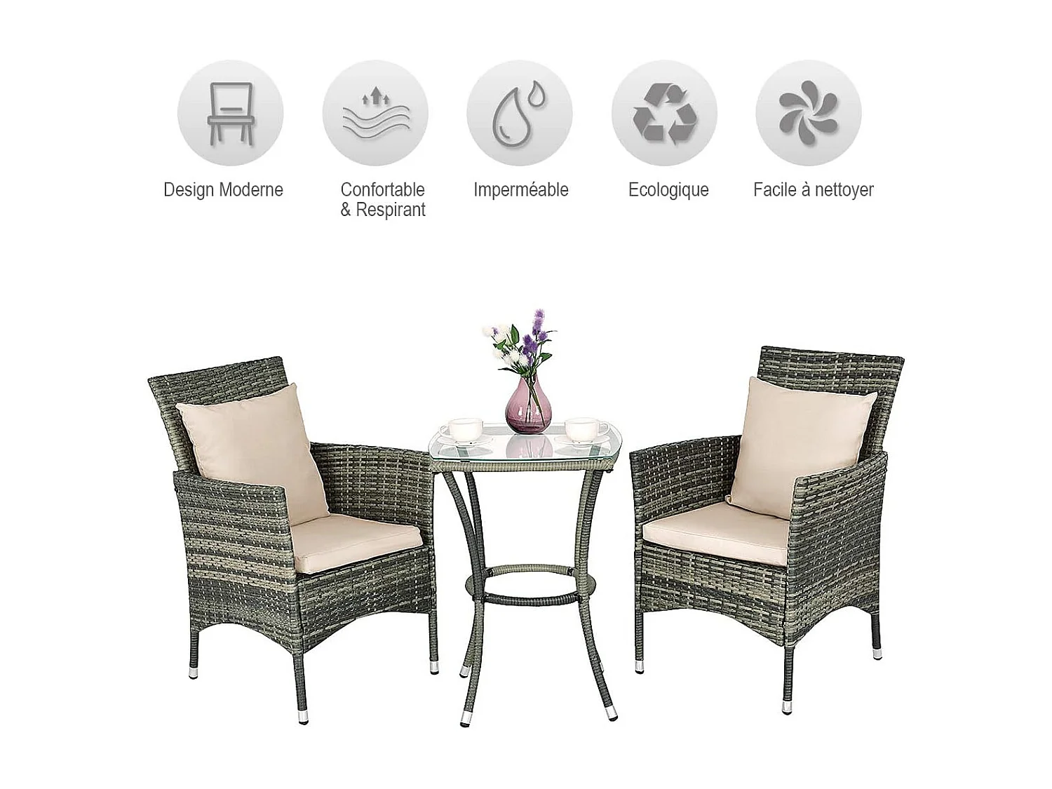 Tuinmeubelset 1 tafel en 2 stoelen Geweven gaas Metalen frame met 2 kussens en 2 hoofdkussens, grijs