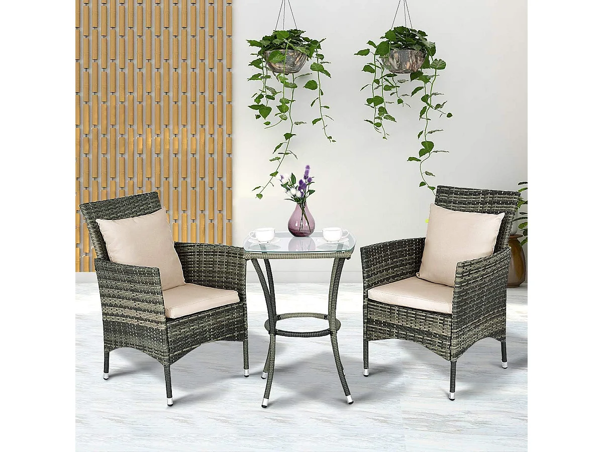 Tuinmeubelset 1 tafel en 2 stoelen Geweven gaas Metalen frame met 2 kussens en 2 hoofdkussens, grijs