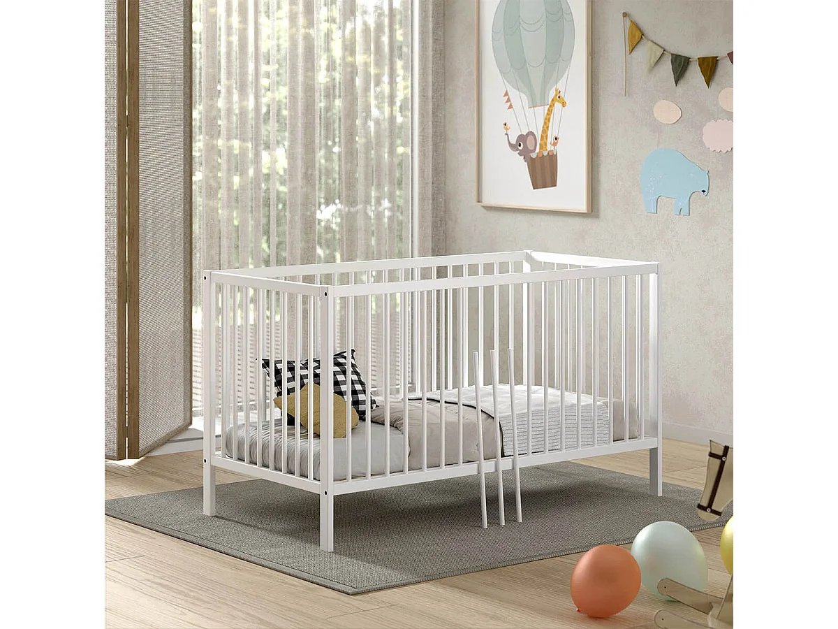 ELIOTT - Lit Bébé Evolutif 70x140 en Hêtre Massif Laqué Blanc